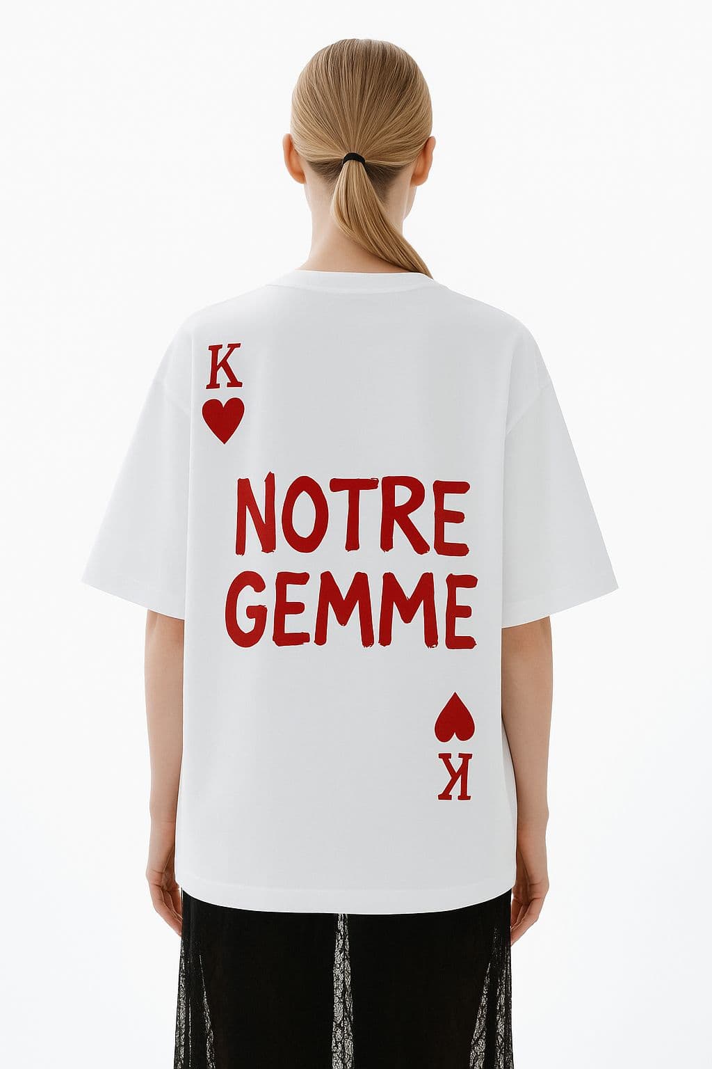 Notre Gemme King of Hearts Tee — white oversized tee, back view with red K♥ playing-card print