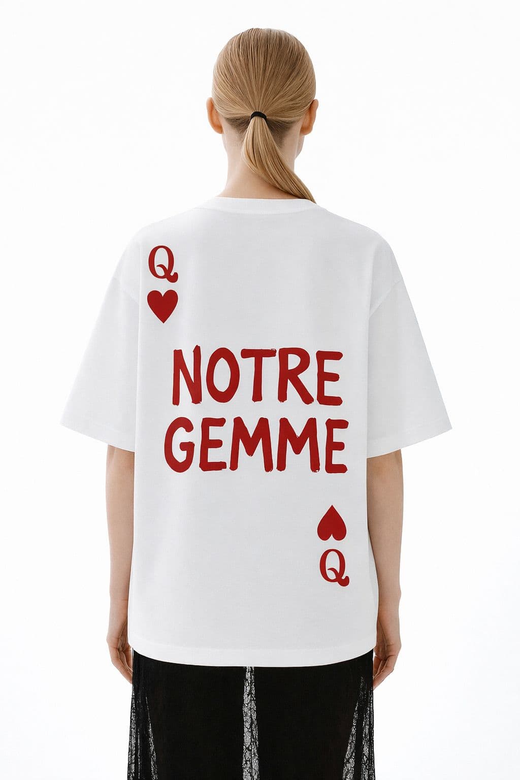 Notre Gemme Queen of Hearts Tee — white oversized tee, back view with red Q♥ playing-card print